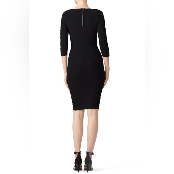 Milly Black Shirred Ribbed V-Neck Bodycon Knee Length Dress S - Picture 2 of 11